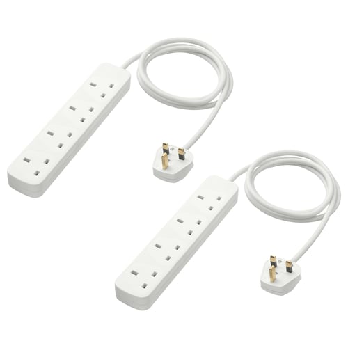 Two white KOPPLA power strips with four sockets each, made of plastic.