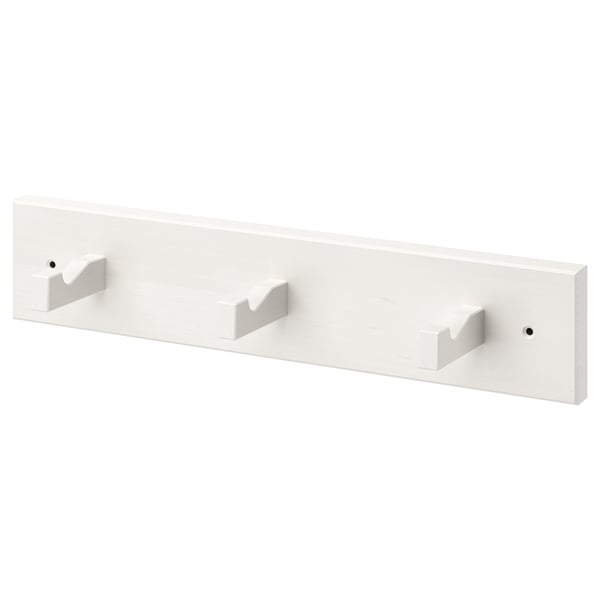A white KUBBIS coat hook rack with three wooden hooks evenly spaced along a rectangular base.