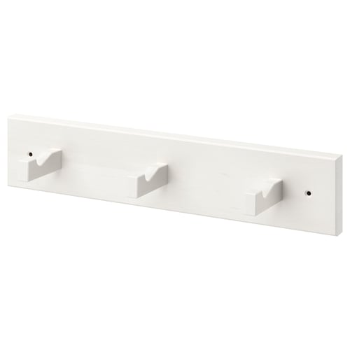 A white KUBBIS coat hook rack with three wooden hooks evenly spaced along a rectangular base.