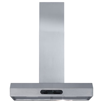 Stainless steel wall-mounted range hood, rectangular shape, modern design for kitchen venting.