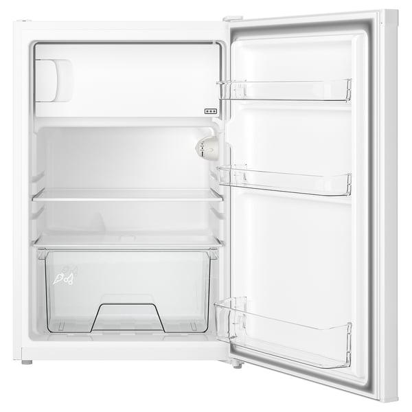 Open white mini fridge with clear storage compartments and adjustable shelves.