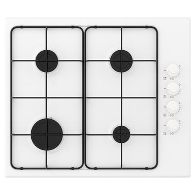 A white gas cooktop with four burners and electronic ignition, clean and modern design.