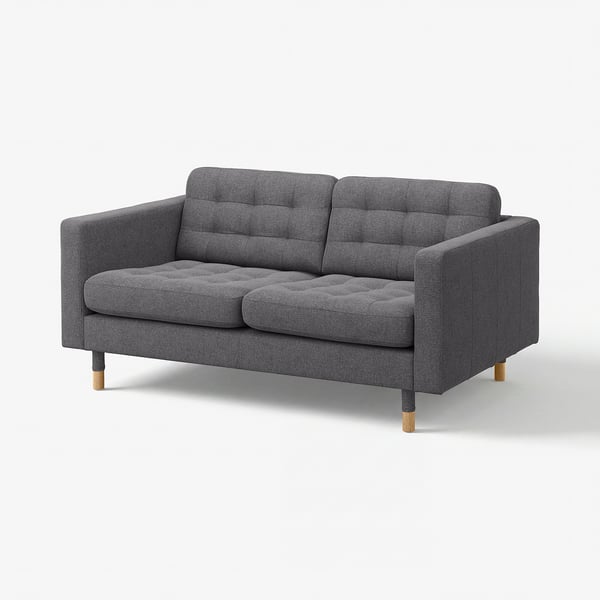 Modern grey fabric loveseat with wooden legs, buttoned back and seat cushions.