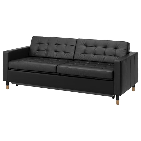LANDSKRONA black leather sofa, modern design with tufted back and wooden legs.