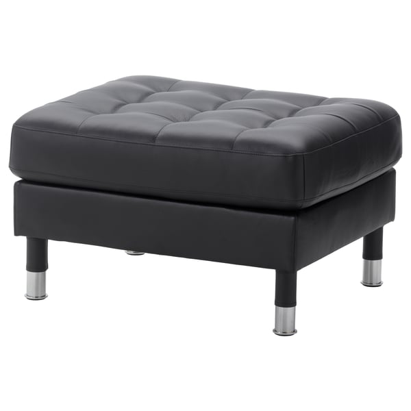 Black LANDSKRONA leather footstool, square, chrome legs.