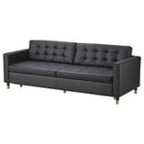 Black leather sofa, LANDSKRONA. Modern design, tufted cushions, wooden legs.
