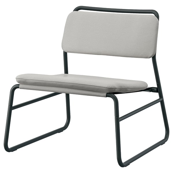 Modern LINNEBÄCK chair, light grey fabric, black metal frame, minimalist design.
