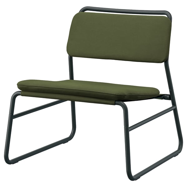 Modern green chair, metal frame, olive cushions, sleek design.