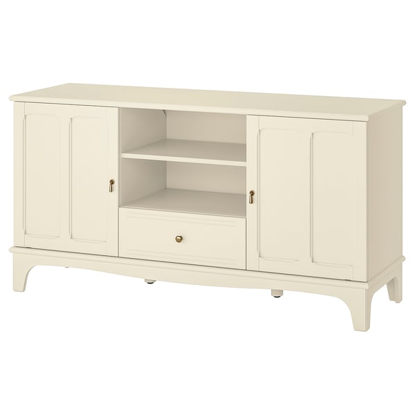 A white LOMMARP tv unit with cabinets, drawers, and open shelves for storage, featuring a classic design with adjustable interiors.