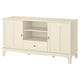 A white LOMMARP tv unit with cabinets, drawers, and open shelves for storage, featuring a classic design with adjustable interiors.