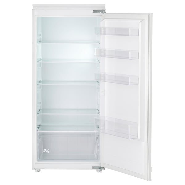 Open white fridge with glass shelves and transparent compartments, designed for kitchen integration.