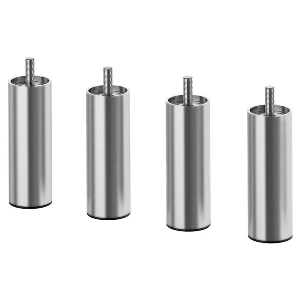 Four silver cylindrical metal legs with screws on top, evenly spaced in a row. Modern design suitable for furniture.