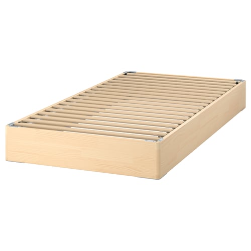 A wooden bed base named LYNGÖR, beige in colour with horizontal slats and sturdy design for support and storage.