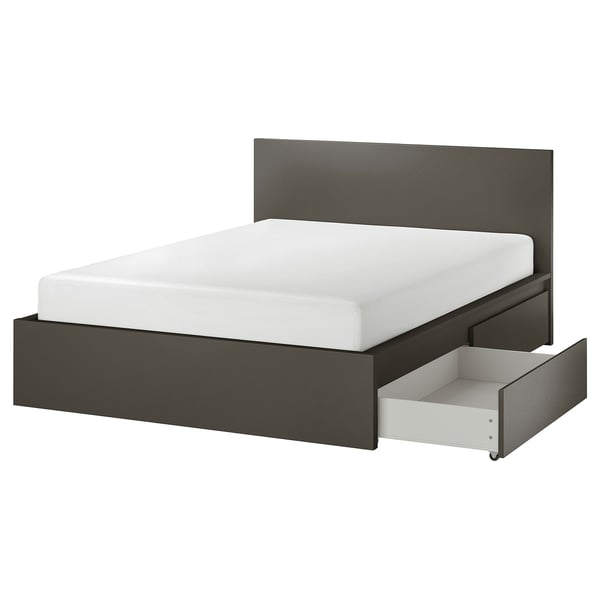 Modern grey MALM bed with high headboard and two drawers on castors.