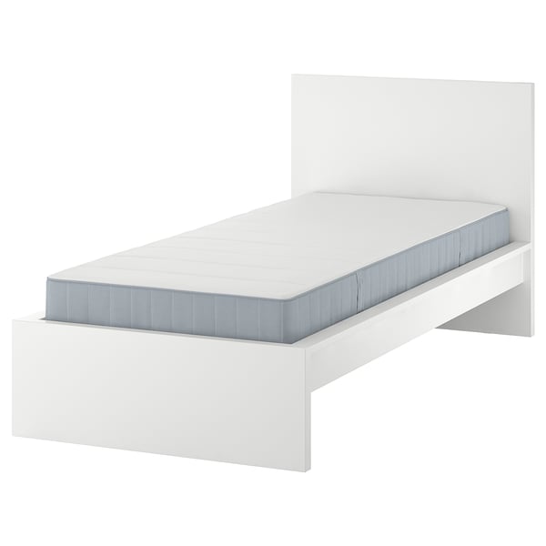 A white MALM bed with a high headboard and a matching mattress. The bed has a modern, minimalist design with adjustable slats for mattress support.