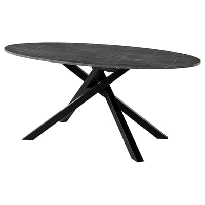 Is of a modern MARIEDAMM table, oval-shaped with a sleek black marble top. It crisscrossed metal legs, providing a sturdy and contemporary design.