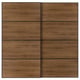 Wooden bifold doors, 4 panels each, varied grain, sleek modern look, warm finish, black frame.