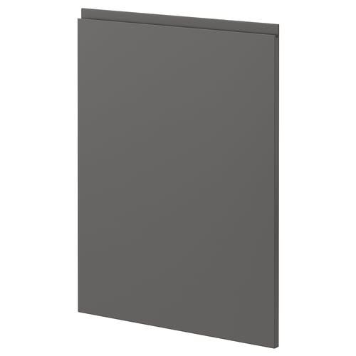 Dark grey modern kitchen cabinet door with sleek, handle-less design. Rectangular shape, flat surface panel.