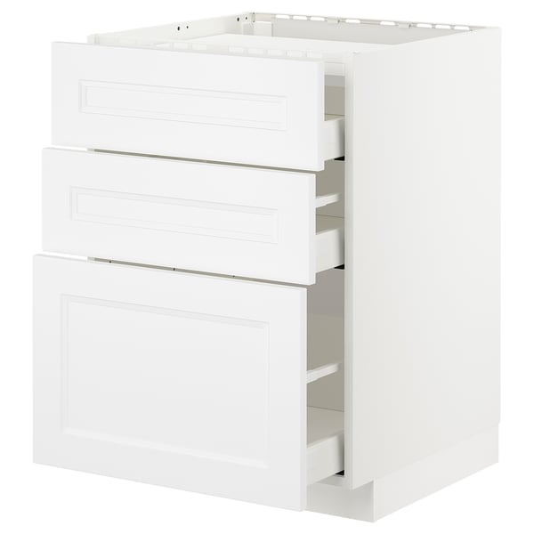 METOD white kitchen cabinet with three drawners. Modern, rectangular, white fiberboard and plastic.