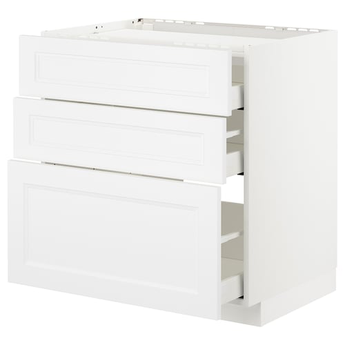White METOD kitchen cabinet with three open drawers, modern and traditional design, sturdy and smooth.