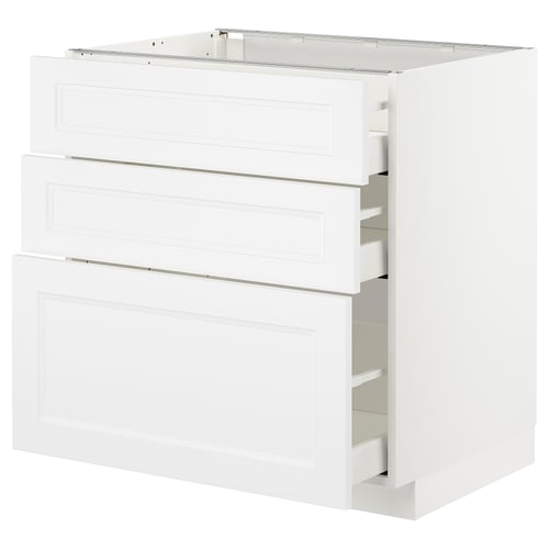 White METOD kitchen cabinet with three drawers.