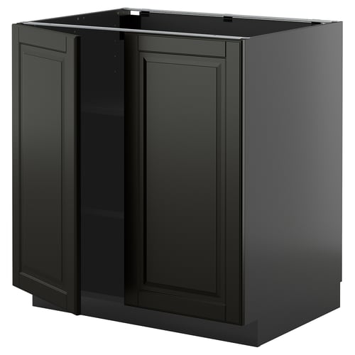 Black METOD kitchen cabinet with bodbyn design, sleek in dark shade, featuring bevelled edges and adjustable shelving.