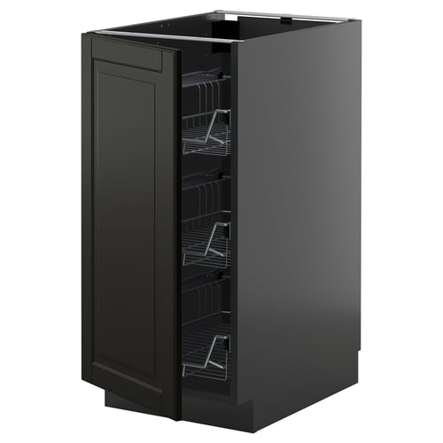 Modern METOD kitchen unit in black with bevelled edges and wire shelves.