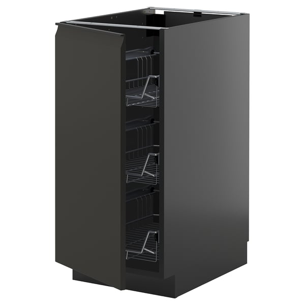 Black kitchen cabinet, modern design, with glossy doors and wire racks inside.