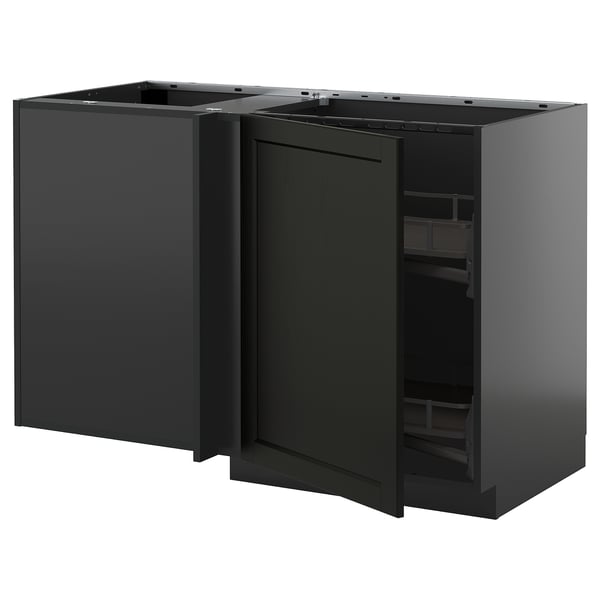 METOD kitchen unit in black with open door, corner pull-out shelf, dark grey.