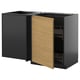 A modern kitchen cabinet set, featuring dark coloured units with wooden doors. It includes a corner unit with pull-out shelves for efficient storage.