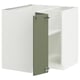 White and green METOD kitchen unit with shelves. Corner design, sturdy frame, and grey-green door.