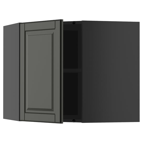 Dark grey kitchen cabinet with adjustable shelf, modern design.