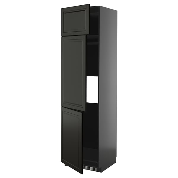 Black METOD tall kitchen cabinet with three doors. Sleek design, fiberboard exterior, modern and functional.