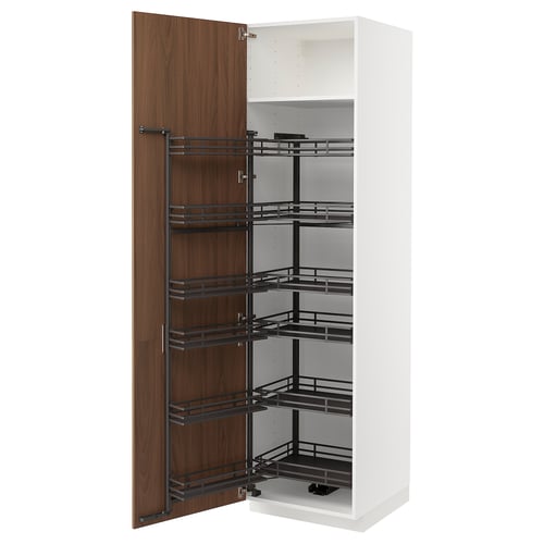 Modern white METOD kitchen cabinet, brown door, pull-out shelves.