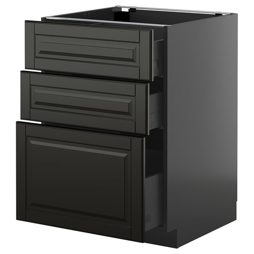 Dark grey modern kitchen cabinet with three drawers and one large door. Sleek, minimalist design with bevelled edges.