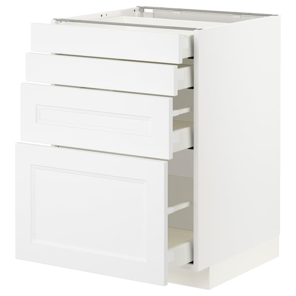 A white ikea METOD kitchen cabinet with three open drawers and one large door. The cabinet has a modern design with a smooth, clean finish.