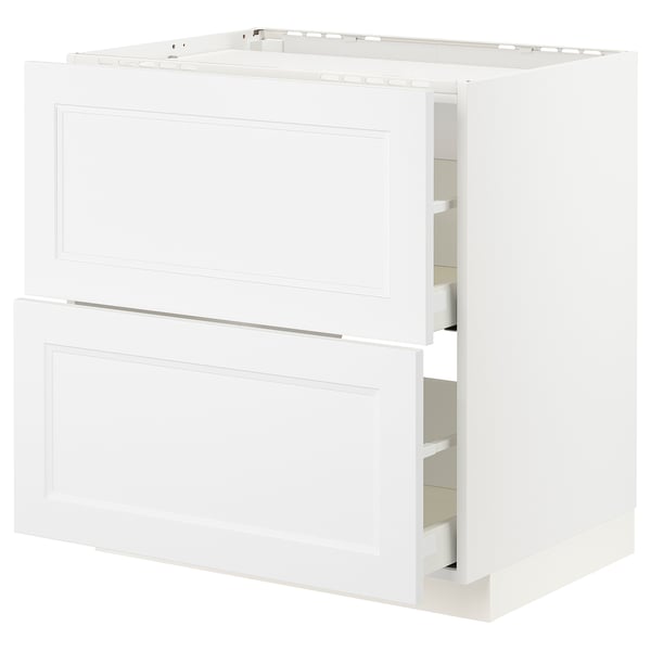 White ikea METOD kitchen cabinet with two drawers and one fixed shelf.