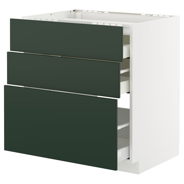 The ikea METOD kitchen cabinet in white with green drawers, featuring a sleek modern design and sturdy build.
