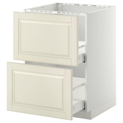 A METOD off-white kitchen cabinet with two open drawers. It a traditional design with bevelled edges.