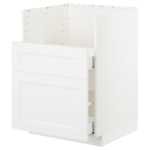 White METOD kitchen cabinet with open drawer, modern design.