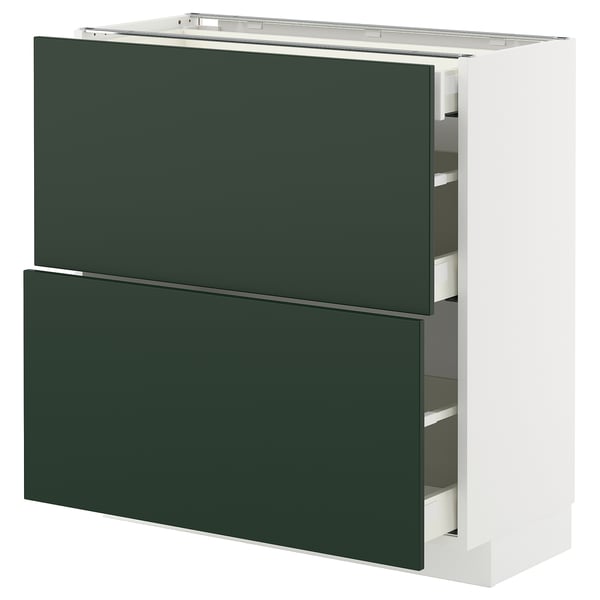 Modern dark green kitchen cabinet unit with two drawers and shelves.