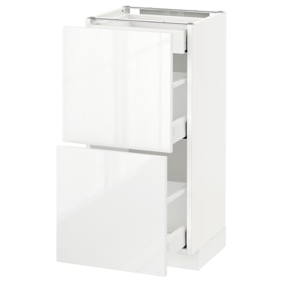 A white, modern METOD kitchen cabinet with glossy finish, featuring two drawers and a high gloss white front.
