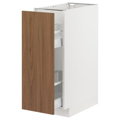 A white METOD kitchen cabinet with wooden drawer and shelves.