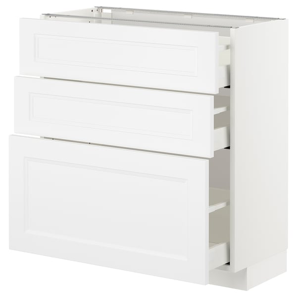 White METOD kitchen cabinet with three drawers and shelves.