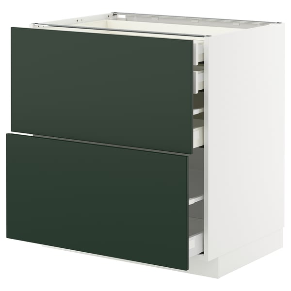 Modern kitchen storage unit, white & deep green, square, with multiple drawers.