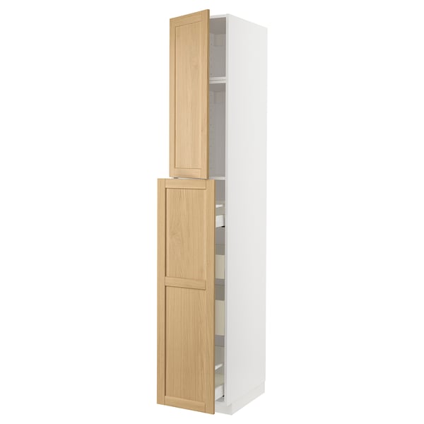 Standing kitchen cabinet, white with oak doors, rectangular, simple design.