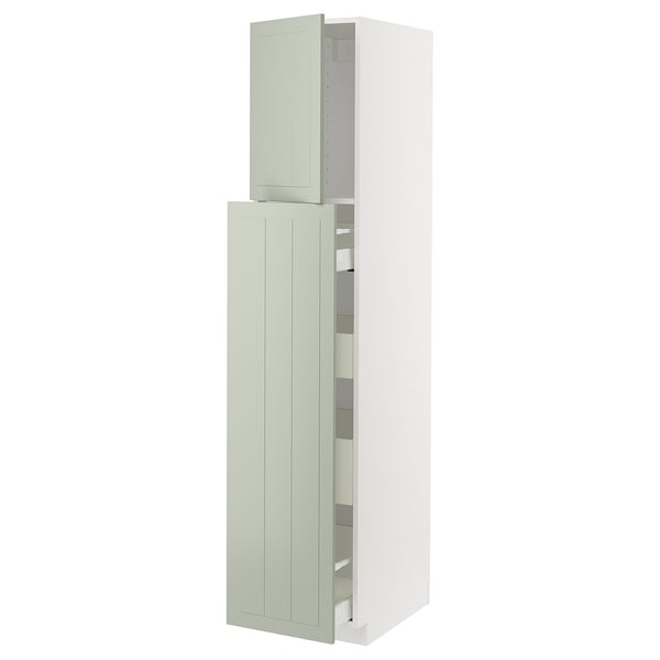 METOD kitchen cabinet in green, tall with open door, soft-close drawer, wooden and steel parts.