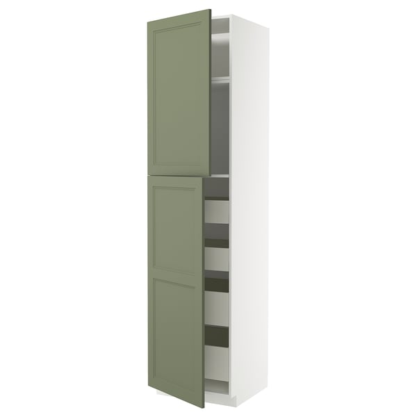 A green and white cabinet with open doors revealing drawers, part of the ikea METOD kitchen system.