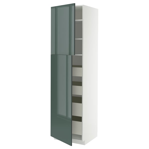 Modern tall kitchen cabinet with 2 dark green glossy doors and multiple shelves.