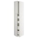 White METOD tall kitchen cabinet with light grey lerhyttan doors and shelves.